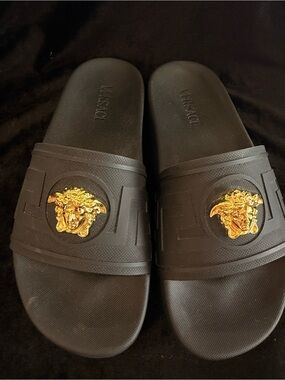 Versace Black Rubber Slides with Gold Medusa Crest